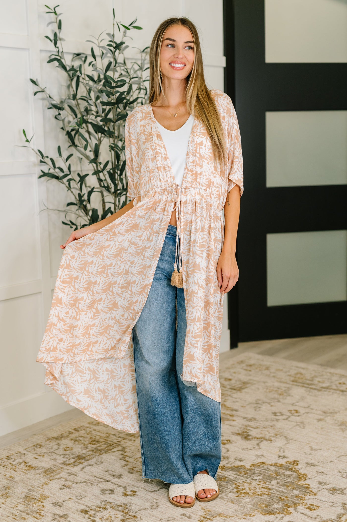 Tropical Print Gauze Kimono with Elastic Waist Tie in Milk Tea-Tops-Ave Shops-Market Street Nest, Fashionable Clothing, Shoes and Home Décor Located in Mabank, TX