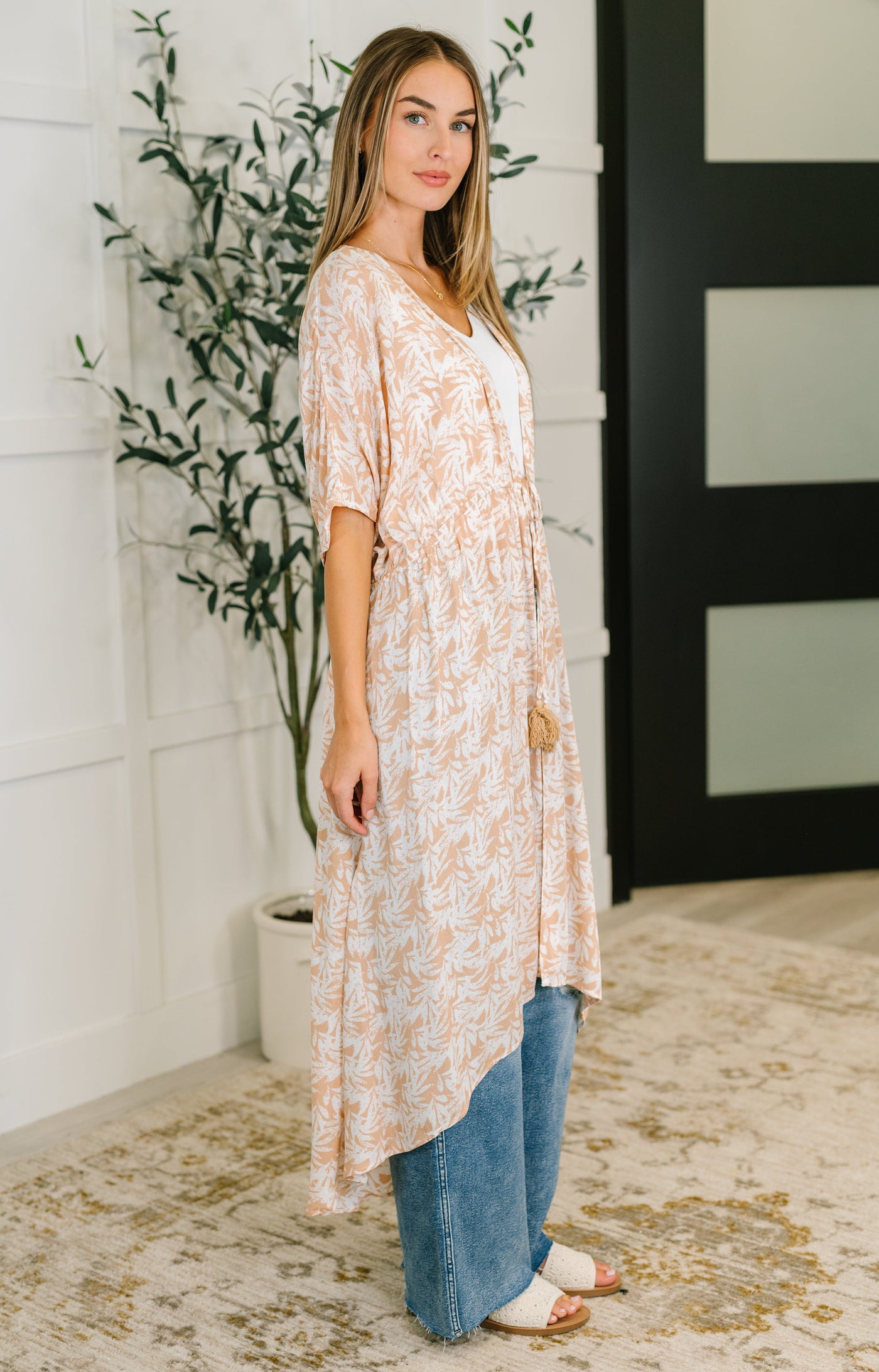 Tropical Print Gauze Kimono with Elastic Waist Tie in Milk Tea-Tops-Ave Shops-Market Street Nest, Fashionable Clothing, Shoes and Home Décor Located in Mabank, TX