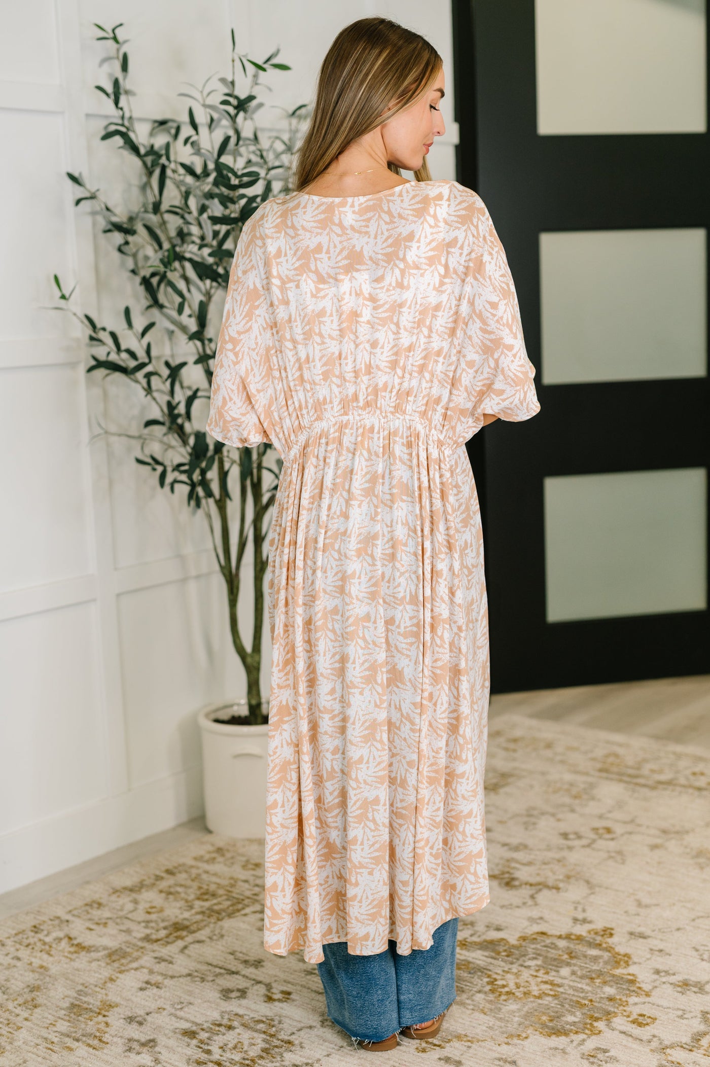Tropical Print Gauze Kimono with Elastic Waist Tie in Milk Tea-Tops-Ave Shops-Market Street Nest, Fashionable Clothing, Shoes and Home Décor Located in Mabank, TX