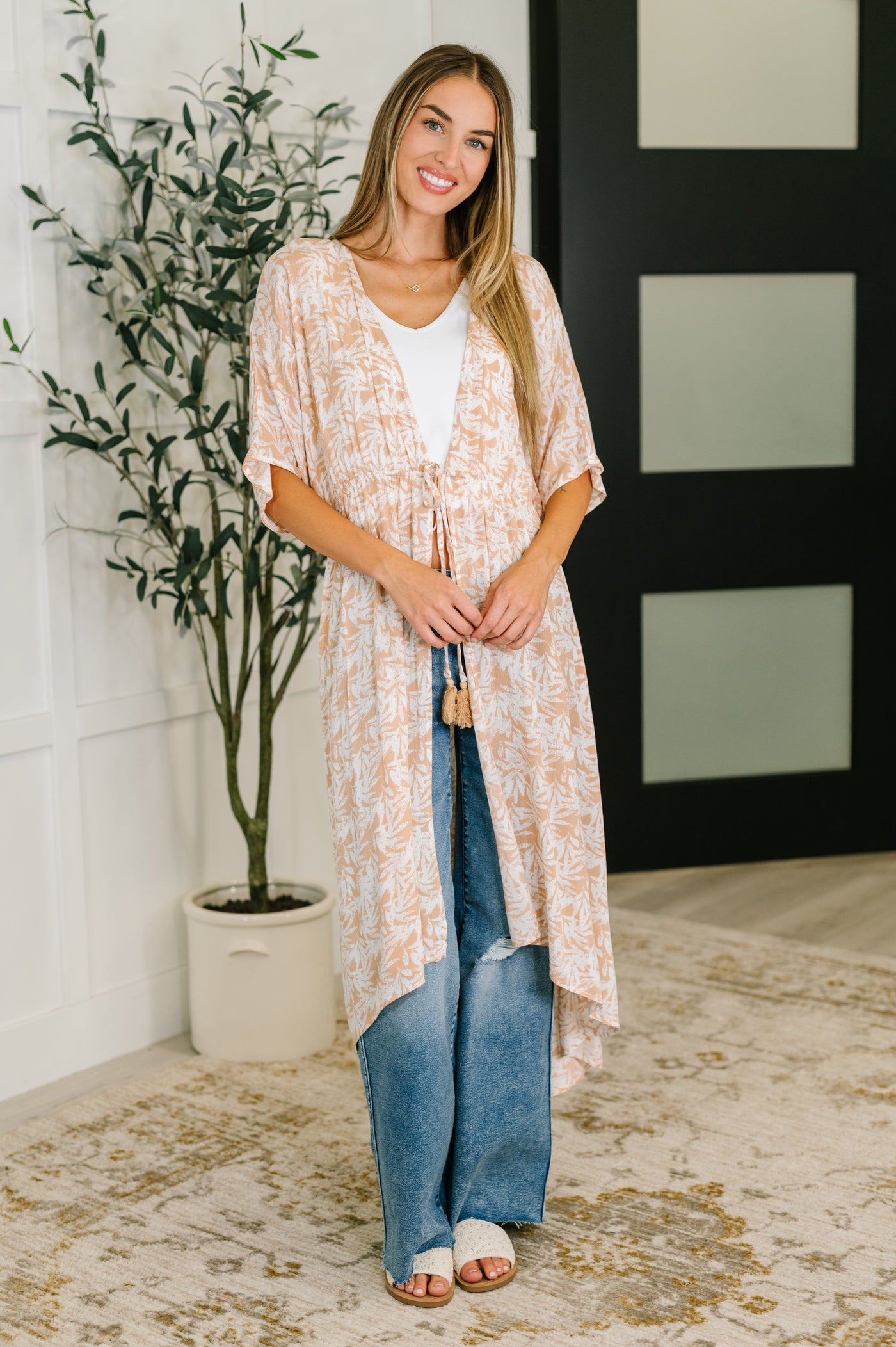 Tropical Print Gauze Kimono with Elastic Waist Tie in Milk Tea-Tops-Ave Shops-Market Street Nest, Fashionable Clothing, Shoes and Home Décor Located in Mabank, TX