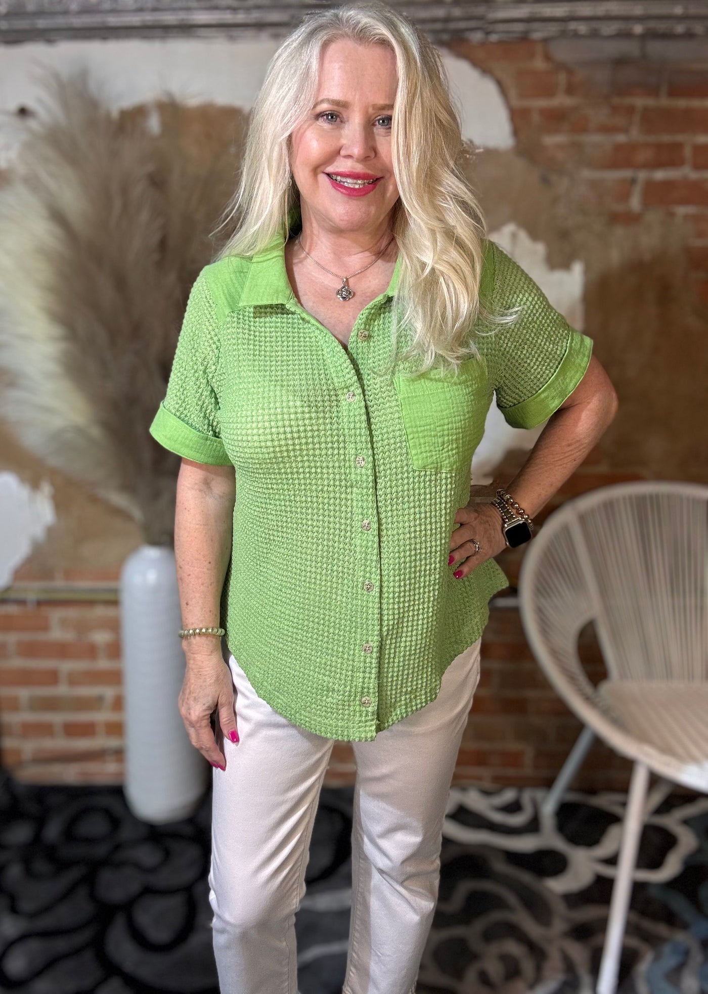 UMG-Melon Waffle Knit Button Down Top-Tops-Umgee USA Inc-Market Street Nest, Fashionable Clothing, Shoes and Home Décor Located in Mabank, TX