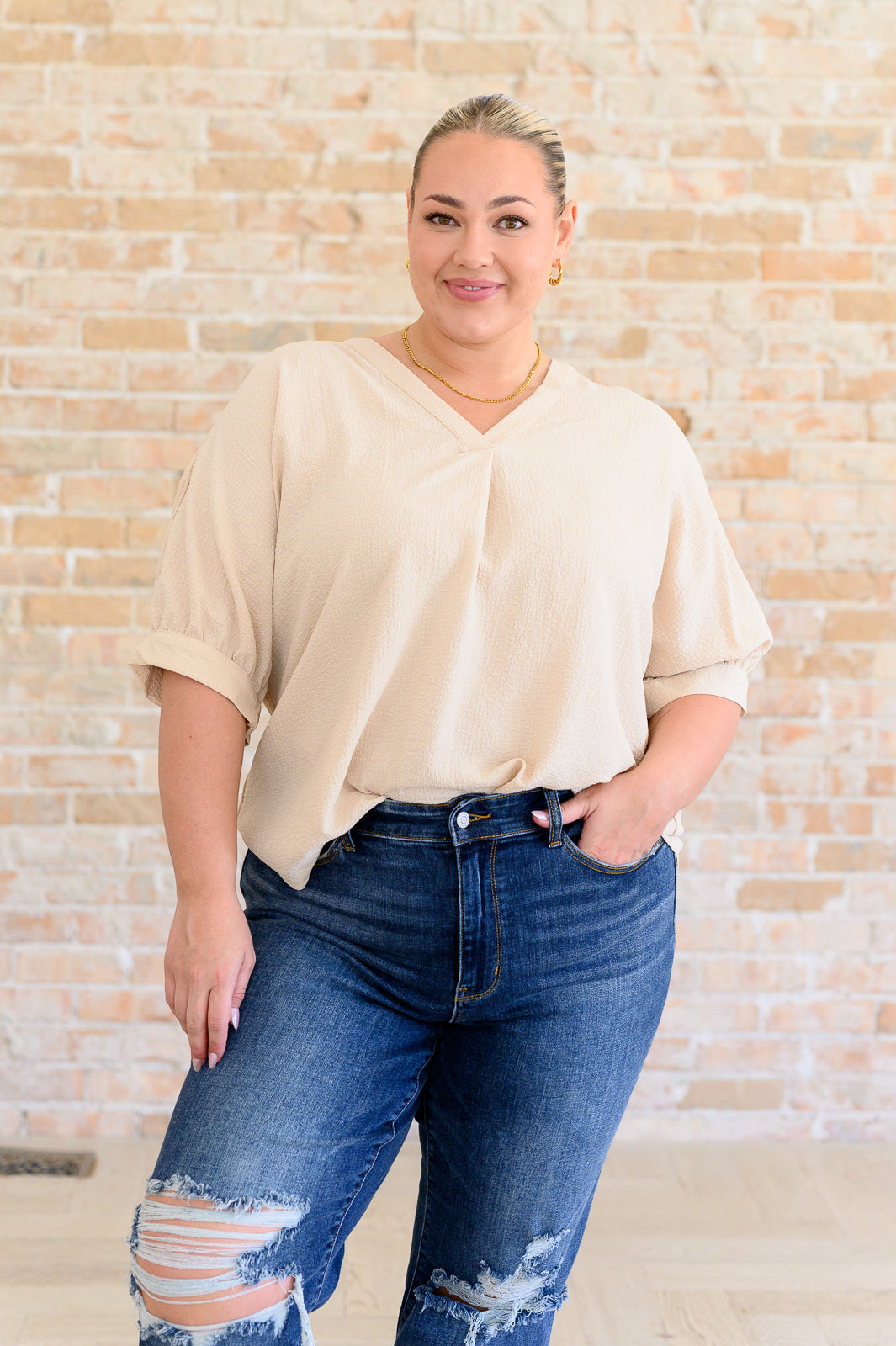 Up For Anything V-Neck Blouse in Taupe-Tops-Ave Shops-Market Street Nest, Fashionable Clothing, Shoes and Home Décor Located in Mabank, TX