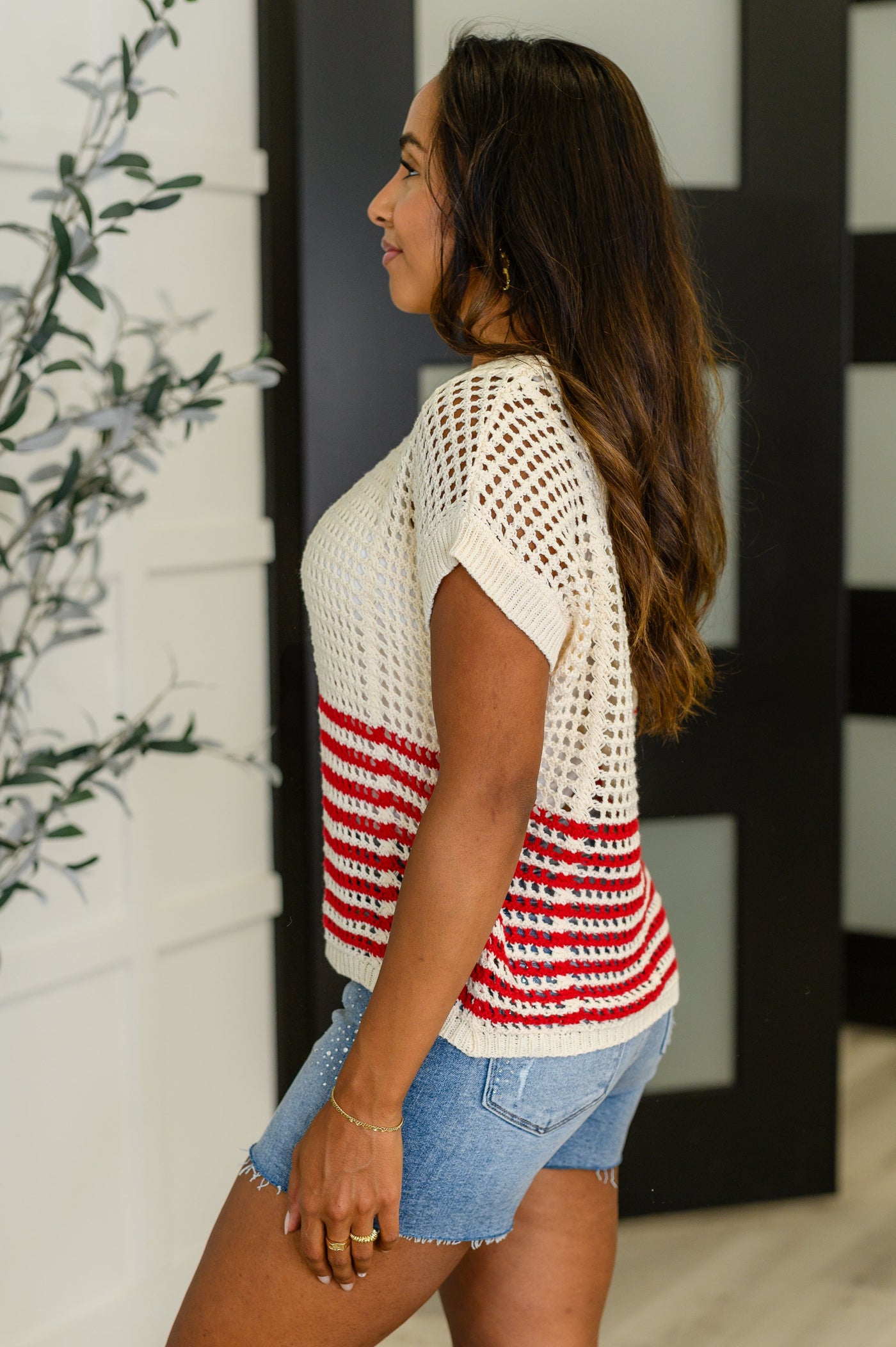 Vibes Don't Lie Net Tee Red Striped-Womens-Ave Shops-Market Street Nest, Fashionable Clothing, Shoes and Home Décor Located in Mabank, TX