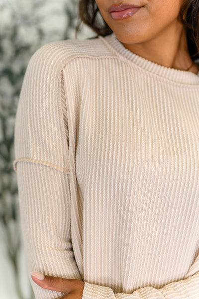 Wander & Rest Cable Ribbed Knit Drop Shoulder Top in Sand Beige-Womens-Ave Shops-Market Street Nest, Fashionable Clothing, Shoes and Home Décor Located in Mabank, TX