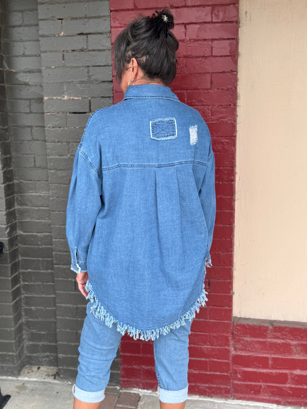 Washed Denim Button Up Shirt With Sequin Pocket And Fringe-08-Tops-BEFORE YOU COLLECTION-Market Street Nest, Fashionable Clothing, Shoes and Home Décor Located in Mabank, TX