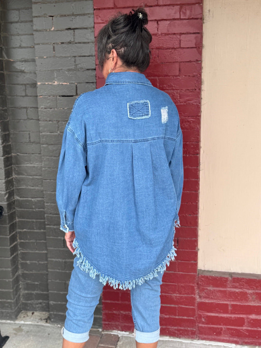 Washed Denim Button Up Shirt With Sequin Pocket And Fringe-08-Tops-BEFORE YOU COLLECTION-Market Street Nest, Fashionable Clothing, Shoes and Home Décor Located in Mabank, TX