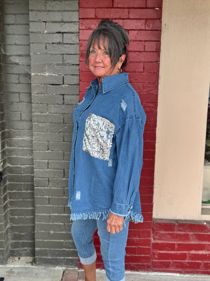 Washed Denim Button Up Shirt With Sequin Pocket And Fringe-08-Tops-BEFORE YOU COLLECTION-Market Street Nest, Fashionable Clothing, Shoes and Home Décor Located in Mabank, TX