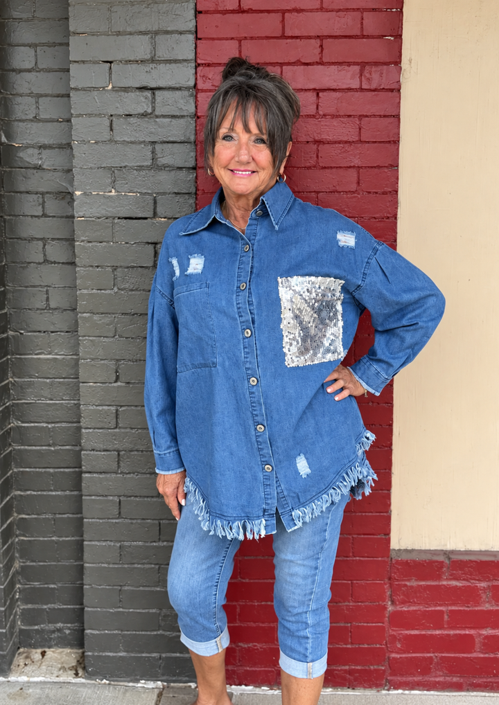 Washed Denim Button Up Shirt With Sequin Pocket And Fringe-08-Tops-BEFORE YOU COLLECTION-Market Street Nest, Fashionable Clothing, Shoes and Home Décor Located in Mabank, TX