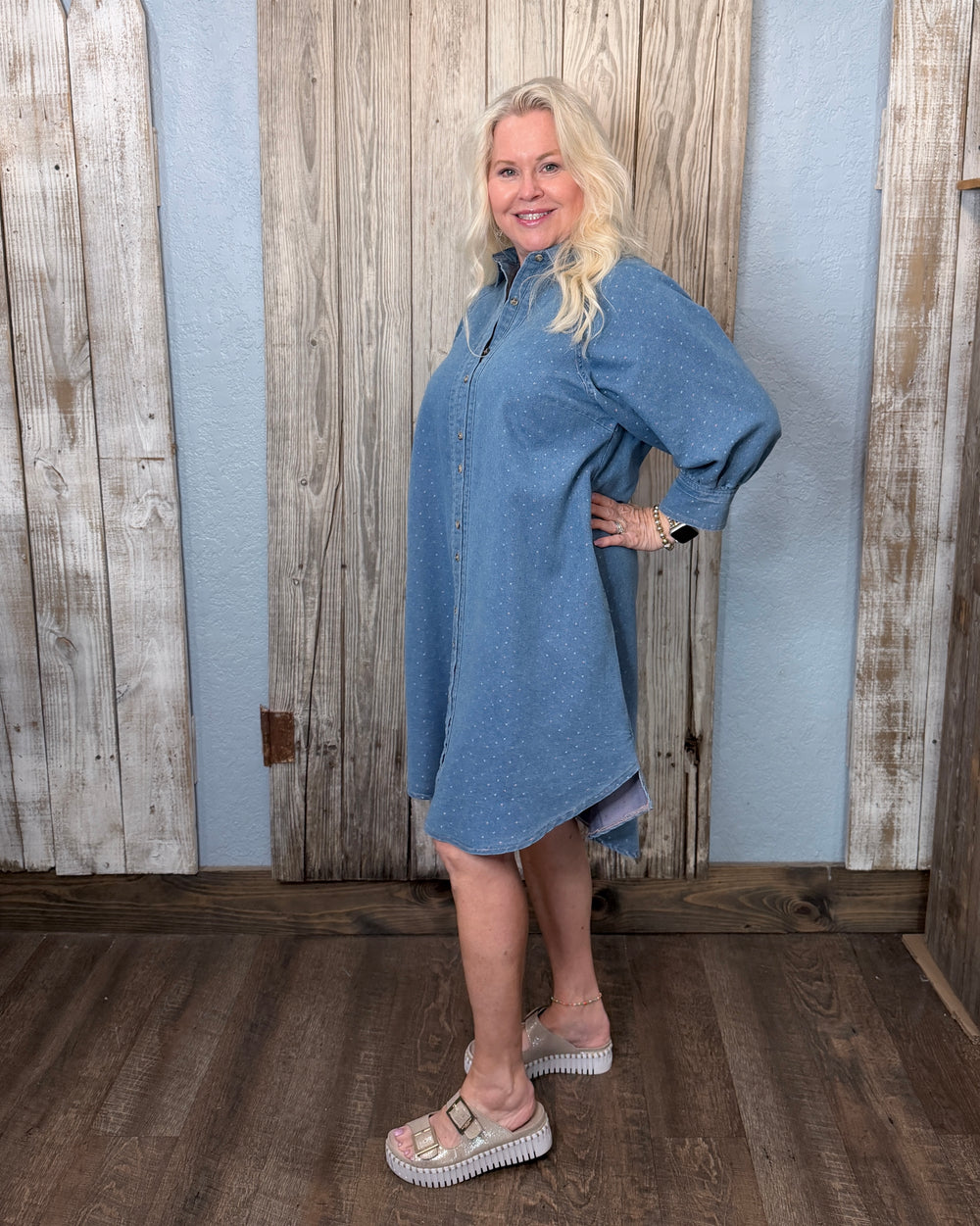 Washed Multi Dots Denim Button Up Dress-10-Dresses, Rompers & Sets-Easel-Market Street Nest, Fashionable Clothing, Shoes and Home Décor Located in Mabank, TX