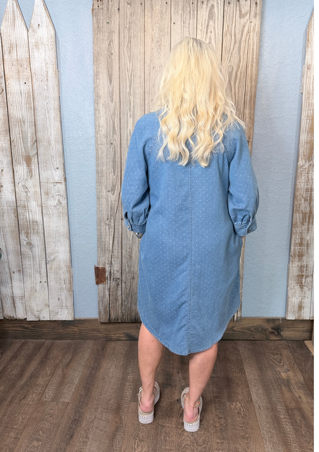 Washed Multi Dots Denim Button Up Dress-10-Dresses, Rompers &amp; Sets-Easel-Market Street Nest, Fashionable Clothing, Shoes and Home Décor Located in Mabank, TX