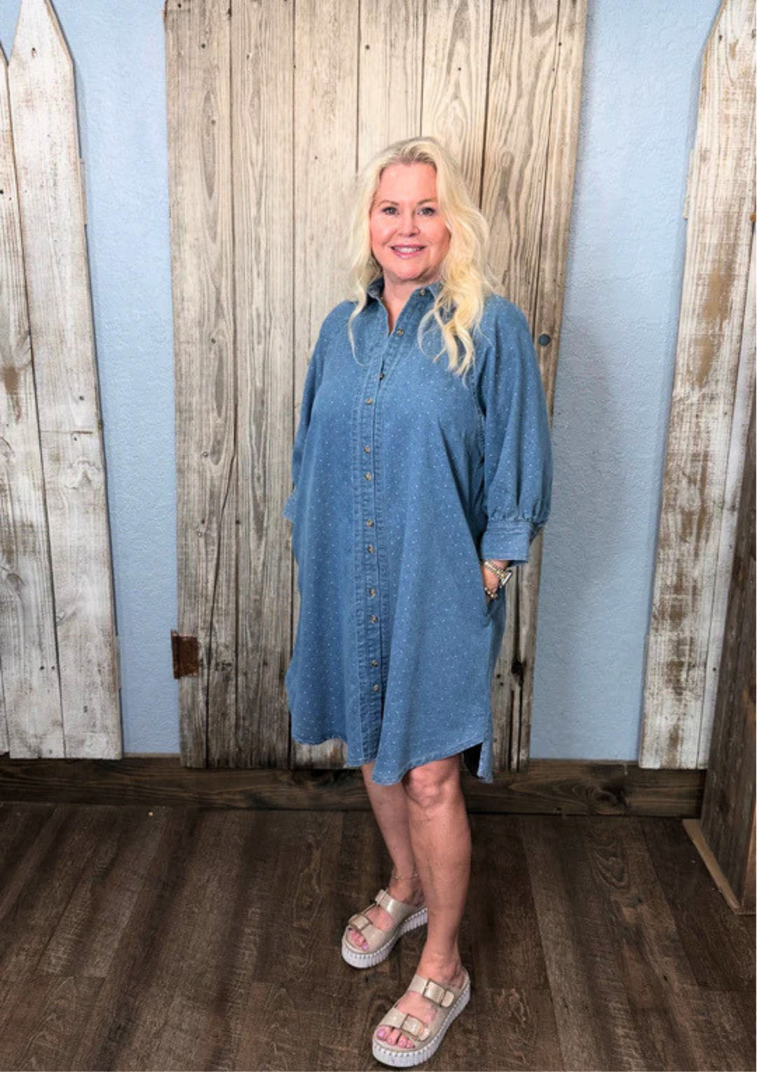 Washed Multi Dots Denim Button Up Dress-10-Dresses, Rompers & Sets-Easel-Market Street Nest, Fashionable Clothing, Shoes and Home Décor Located in Mabank, TX