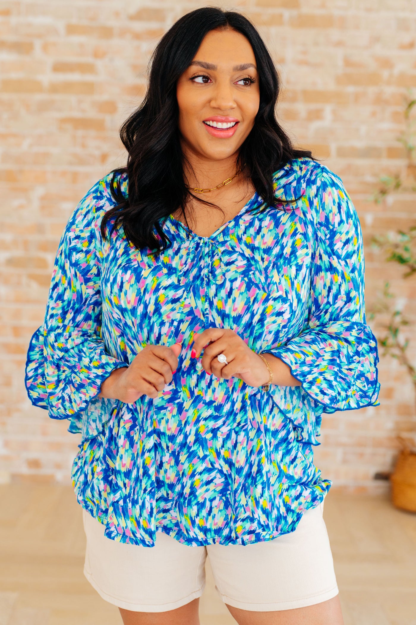 Willow Bell Sleeve Top in Royal Brushed Multi-Tops-Ave Shops-Market Street Nest, Fashionable Clothing, Shoes and Home Décor Located in Mabank, TX