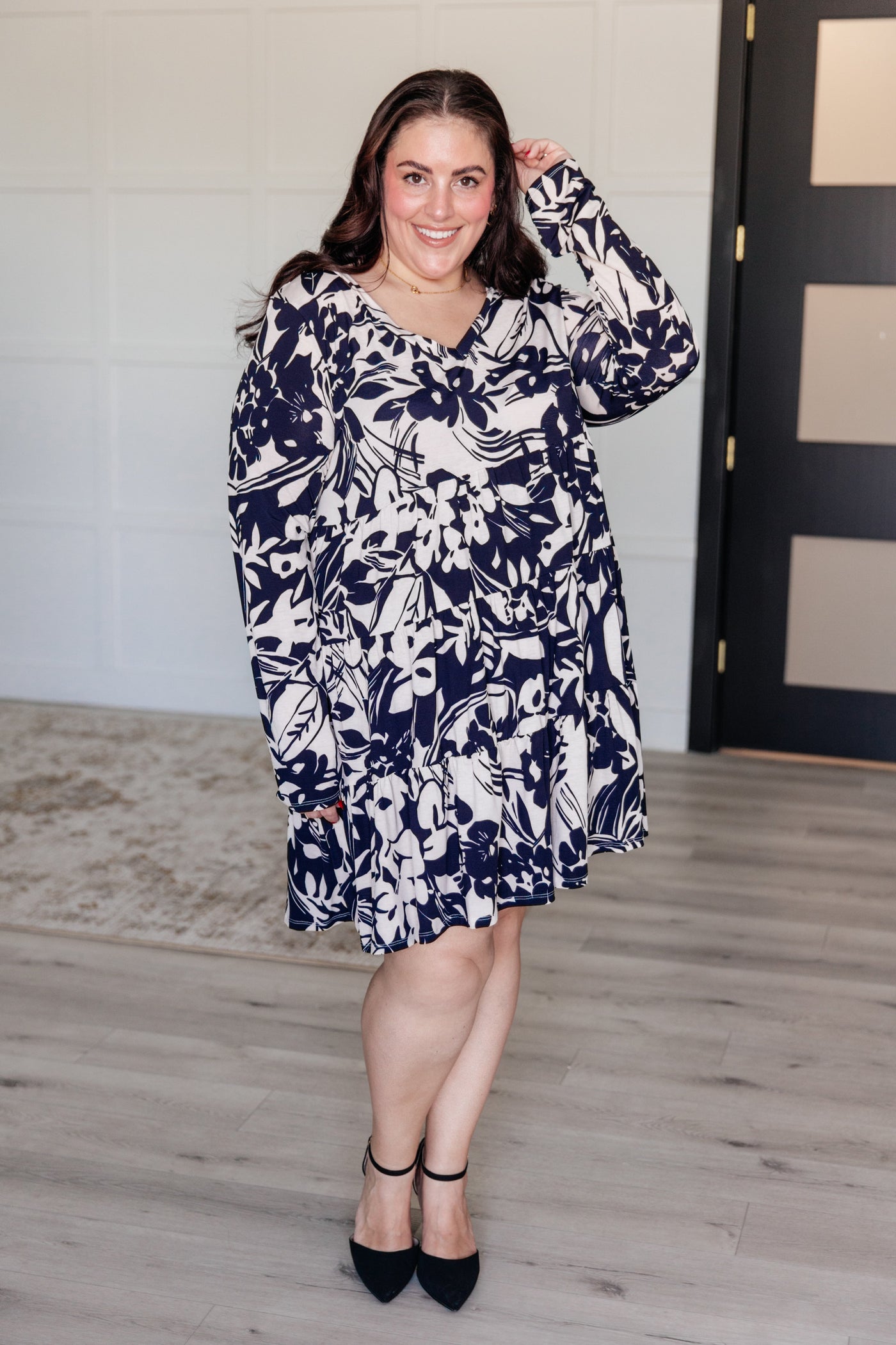 Worthwhile Moment Floral Tiered Dress in Oatmeal and Navy-Dresses-Ave Shops-Market Street Nest, Fashionable Clothing, Shoes and Home Décor Located in Mabank, TX