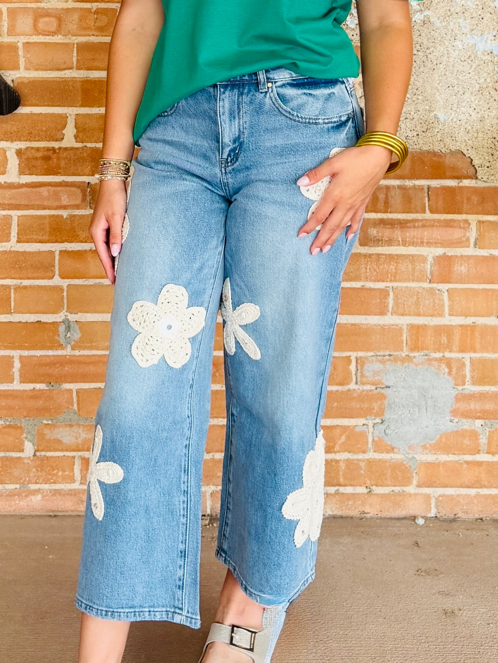 XIX Palms Audrey Wide Crop Jeans W/ Crochet Applique - Keyswaters-09-Bottoms-Tribal-Market Street Nest, Fashionable Clothing, Shoes and Home Décor Located in Mabank, TX