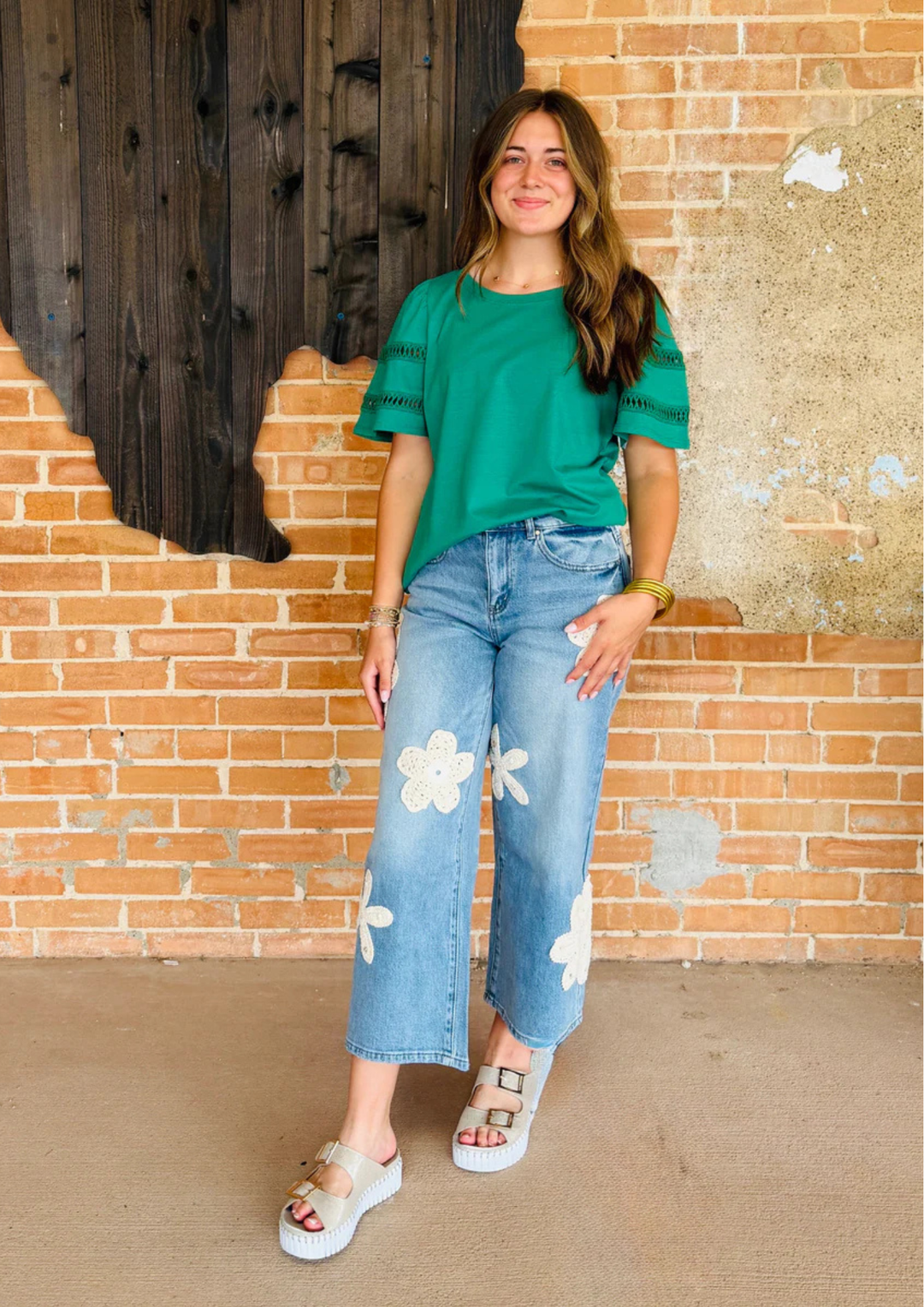 XIX Palms Audrey Wide Crop Jeans W/ Crochet Applique - Keyswaters-09-Bottoms-Tribal-Market Street Nest, Fashionable Clothing, Shoes and Home Décor Located in Mabank, TX
