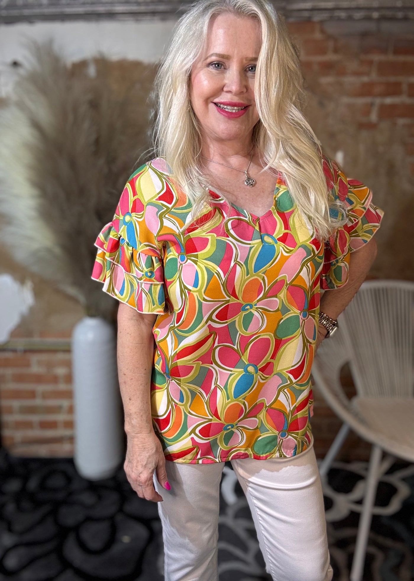 Yellow Floral Rumba Sleeve V-Neck Top-Tops-Seven Maples Boutique-Market Street Nest, Fashionable Clothing, Shoes and Home Décor Located in Mabank, TX