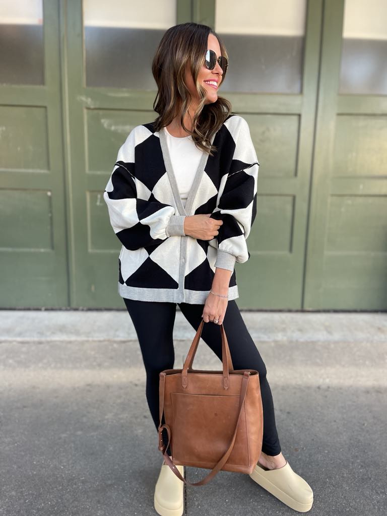 PREORDER: Contrast Trim Cardigan in Black Checkers-Womens-Ave Shops-Market Street Nest, Fashionable Clothing, Shoes and Home Décor Located in Mabank, TX