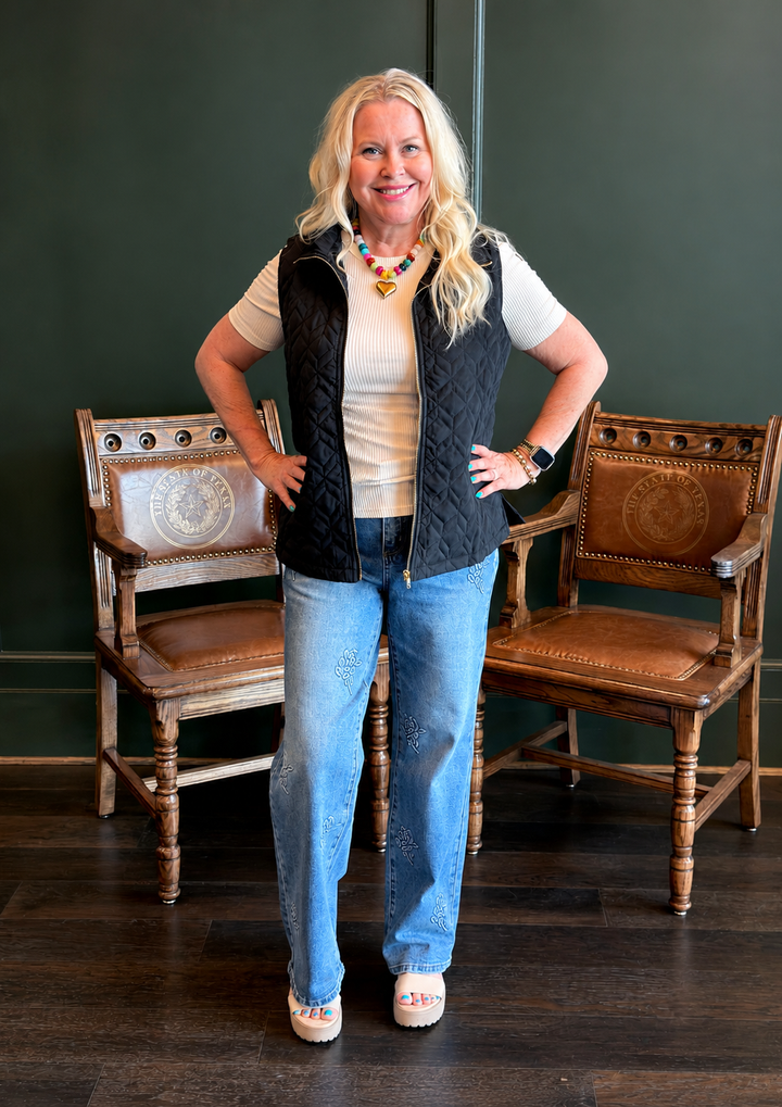 Quilted Zip Up Vest in Black-08-Tops-Umgee USA Inc-Market Street Nest, Fashionable Clothing, Shoes and Home Décor Located in Mabank, TX