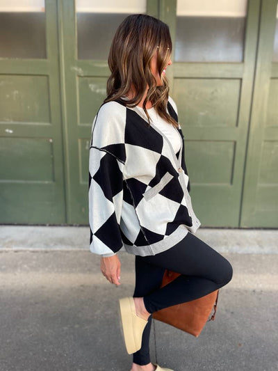 PREORDER: Contrast Trim Cardigan in Black Checkers-Womens-Ave Shops-Market Street Nest, Fashionable Clothing, Shoes and Home Décor Located in Mabank, TX