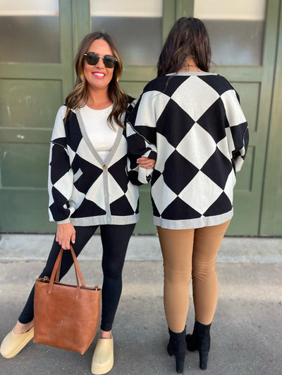 PREORDER: Contrast Trim Cardigan in Black Checkers-Womens-Ave Shops-Market Street Nest, Fashionable Clothing, Shoes and Home Décor Located in Mabank, TX