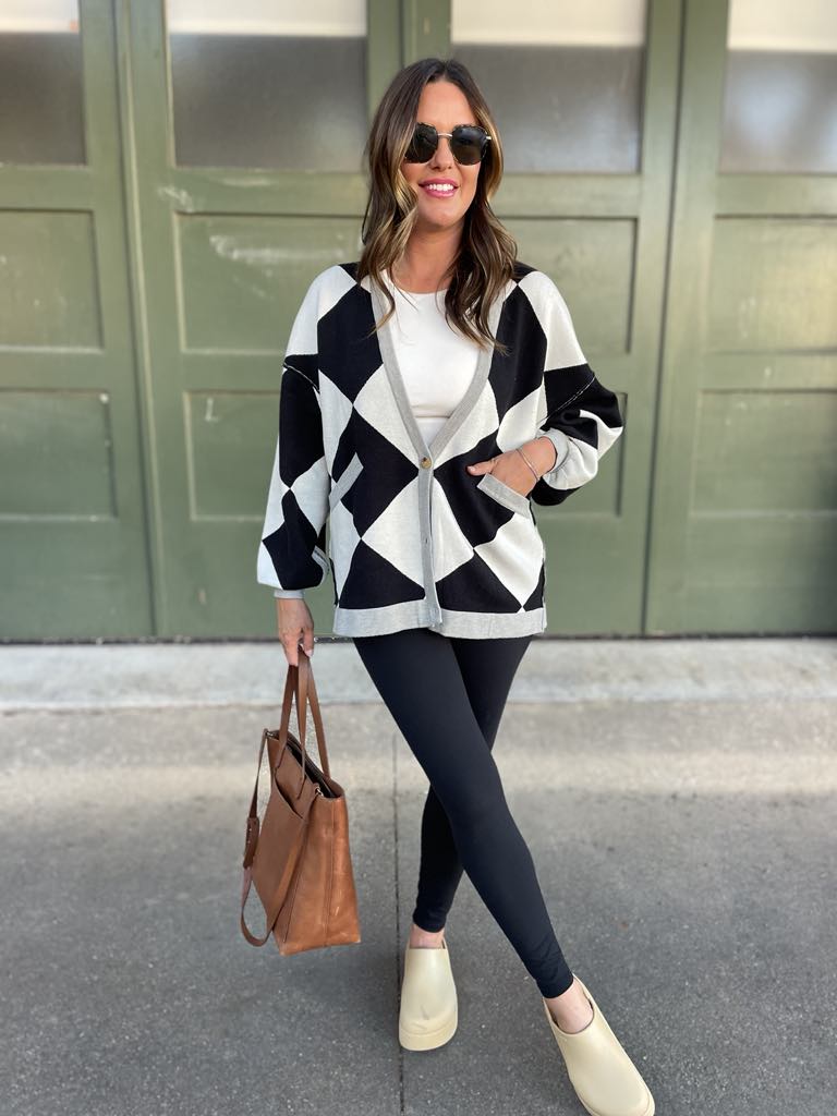 PREORDER: Contrast Trim Cardigan in Black Checkers-Womens-Ave Shops-Market Street Nest, Fashionable Clothing, Shoes and Home Décor Located in Mabank, TX