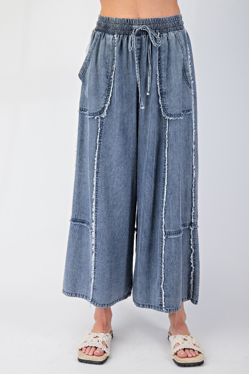 Front View. Self Fray Washed Chambray Palazzo Pants-Bottoms-Easel-Market Street Nest, Fashionable Clothing, Shoes and Home Décor Located in Mabank, TX