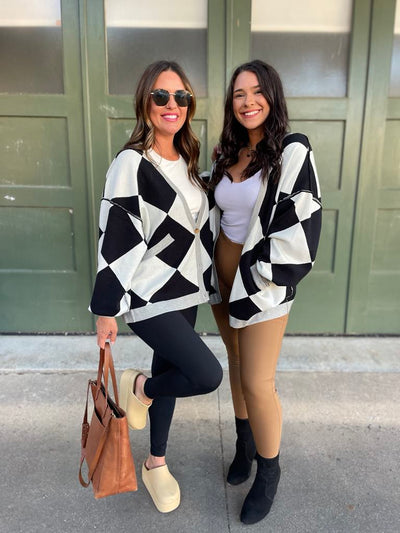 PREORDER: Contrast Trim Cardigan in Black Checkers-Womens-Ave Shops-Market Street Nest, Fashionable Clothing, Shoes and Home Décor Located in Mabank, TX