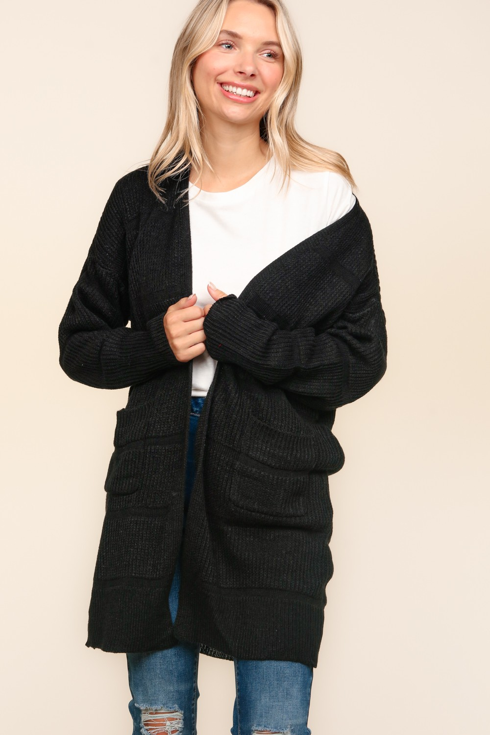 Stripe Textured Open Cardigan with Pockets in Black-Womens-Ave Shops-Market Street Nest, Fashionable Clothing, Shoes and Home Décor Located in Mabank, TX