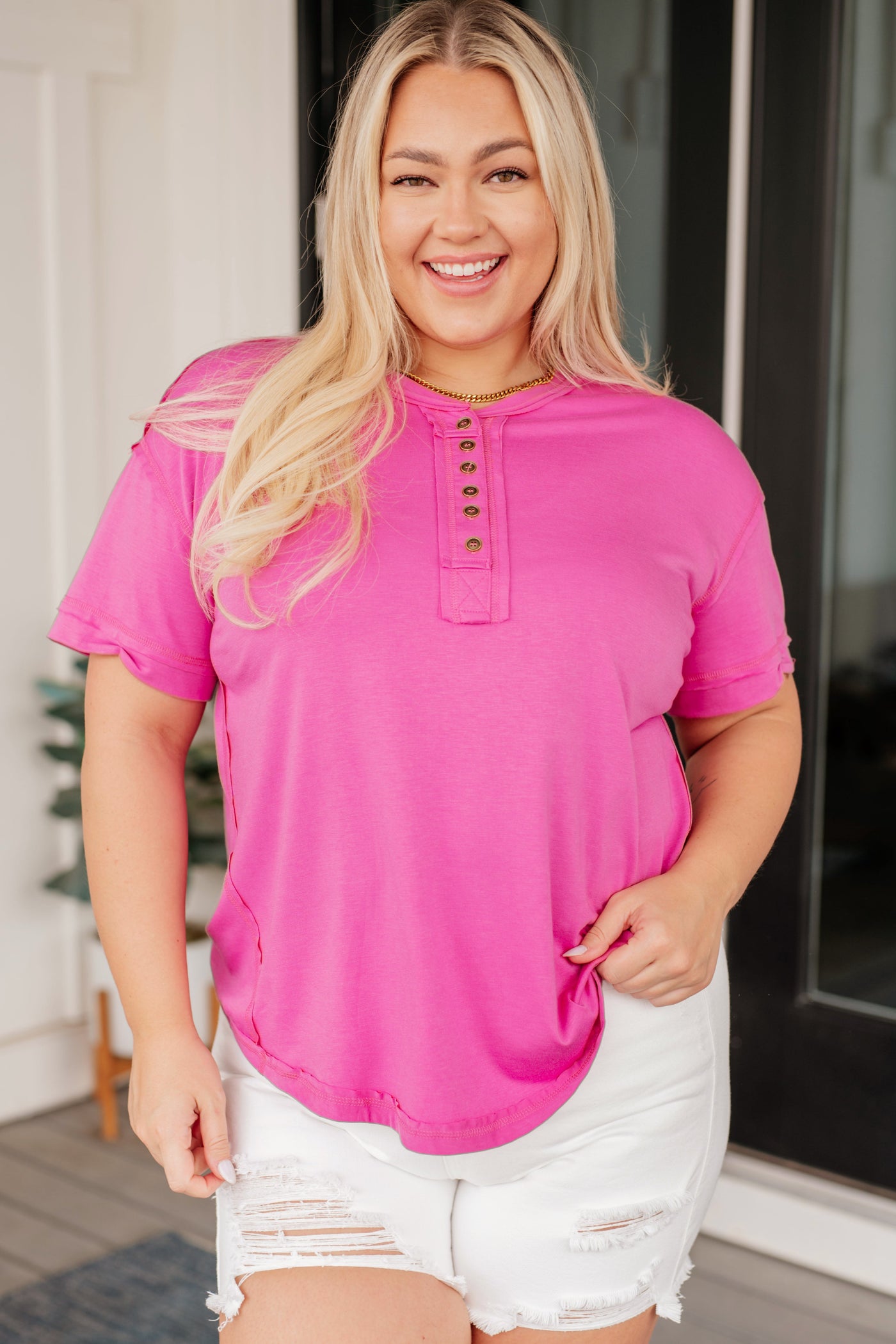 On A Whim Pink Raw Hem Henley Tee-Tops-Ave Shops-Market Street Nest, Fashionable Clothing, Shoes and Home Décor Located in Mabank, TX