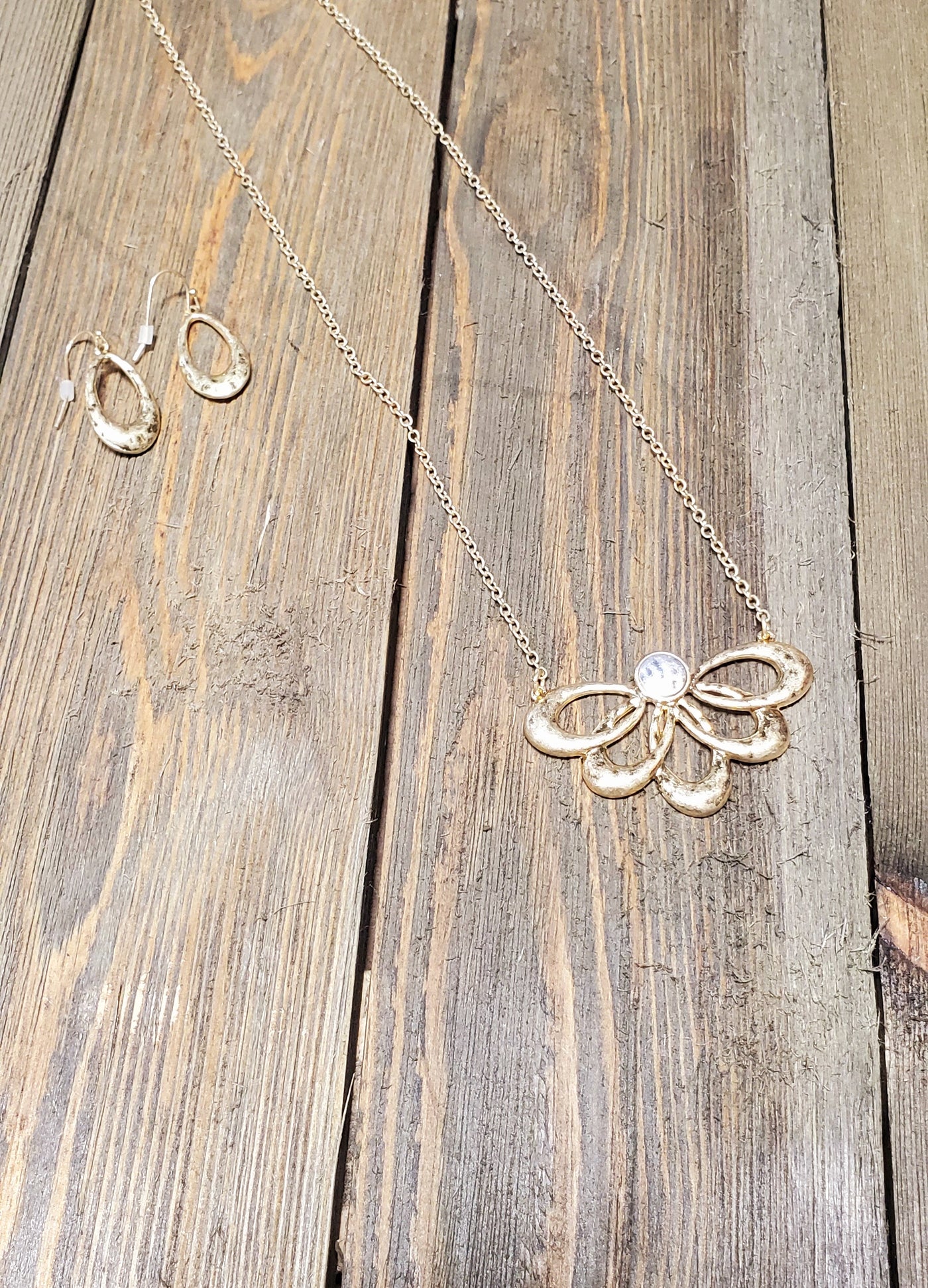 Gold Half Flower Necklace / Earring Set-120 Jewelry-Ethel and Myrtle Inc-Market Street Nest, Fashionable Clothing, Shoes and Home Décor Located in Mabank, TX