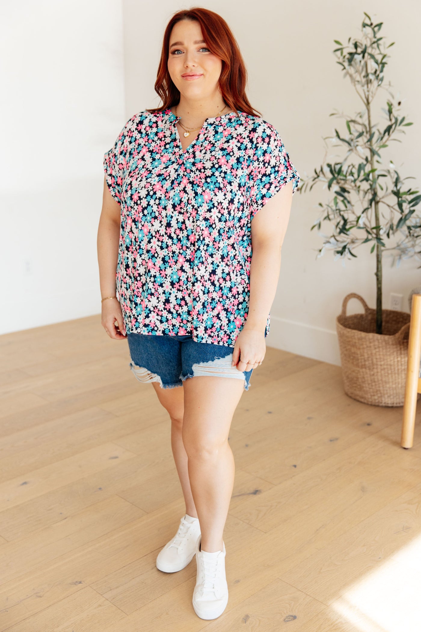 Lizzy Cap Sleeve Top in Navy and Hot Pink Floral-Womens-Ave Shops-Market Street Nest, Fashionable Clothing, Shoes and Home Décor Located in Mabank, TX