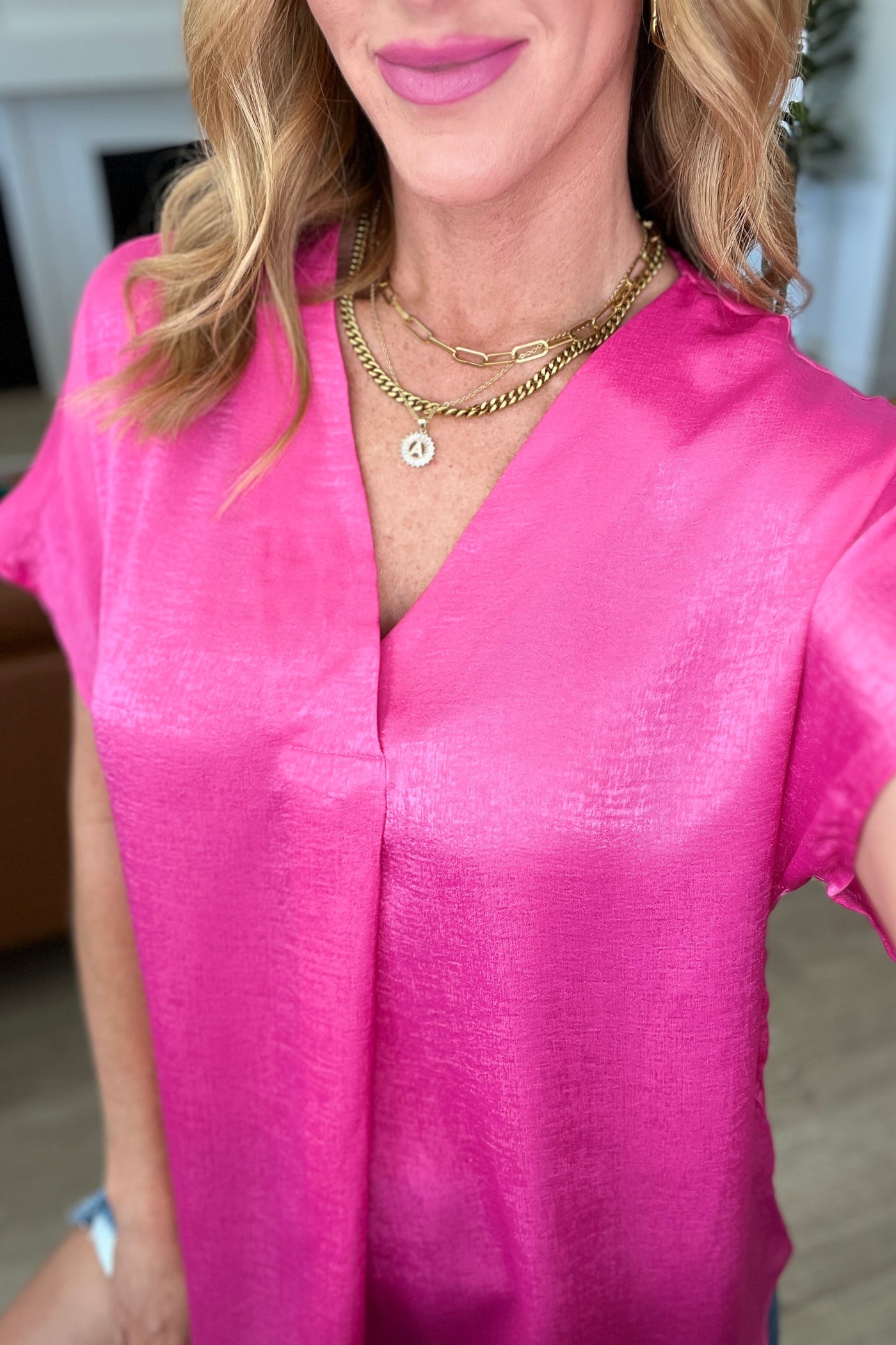 Pleat Front V-Neck Top in Hot Pink-Tops-Ave Shops-Market Street Nest, Fashionable Clothing, Shoes and Home Décor Located in Mabank, TX