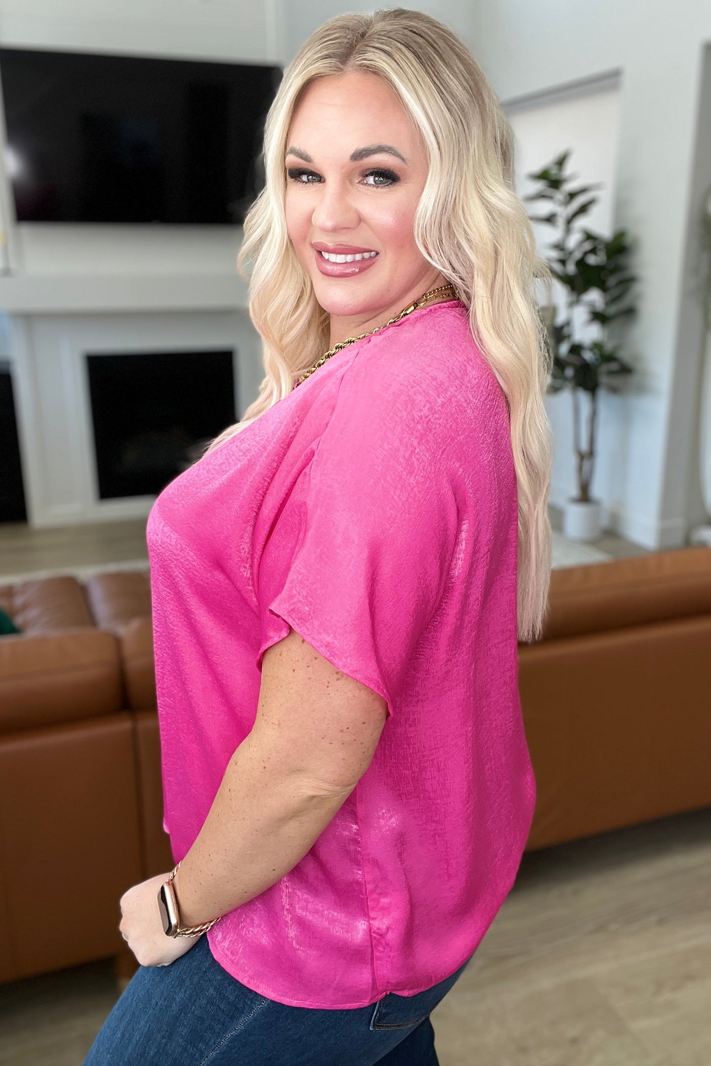 Pleat Front V-Neck Top in Hot Pink-Tops-Ave Shops-Market Street Nest, Fashionable Clothing, Shoes and Home Décor Located in Mabank, TX