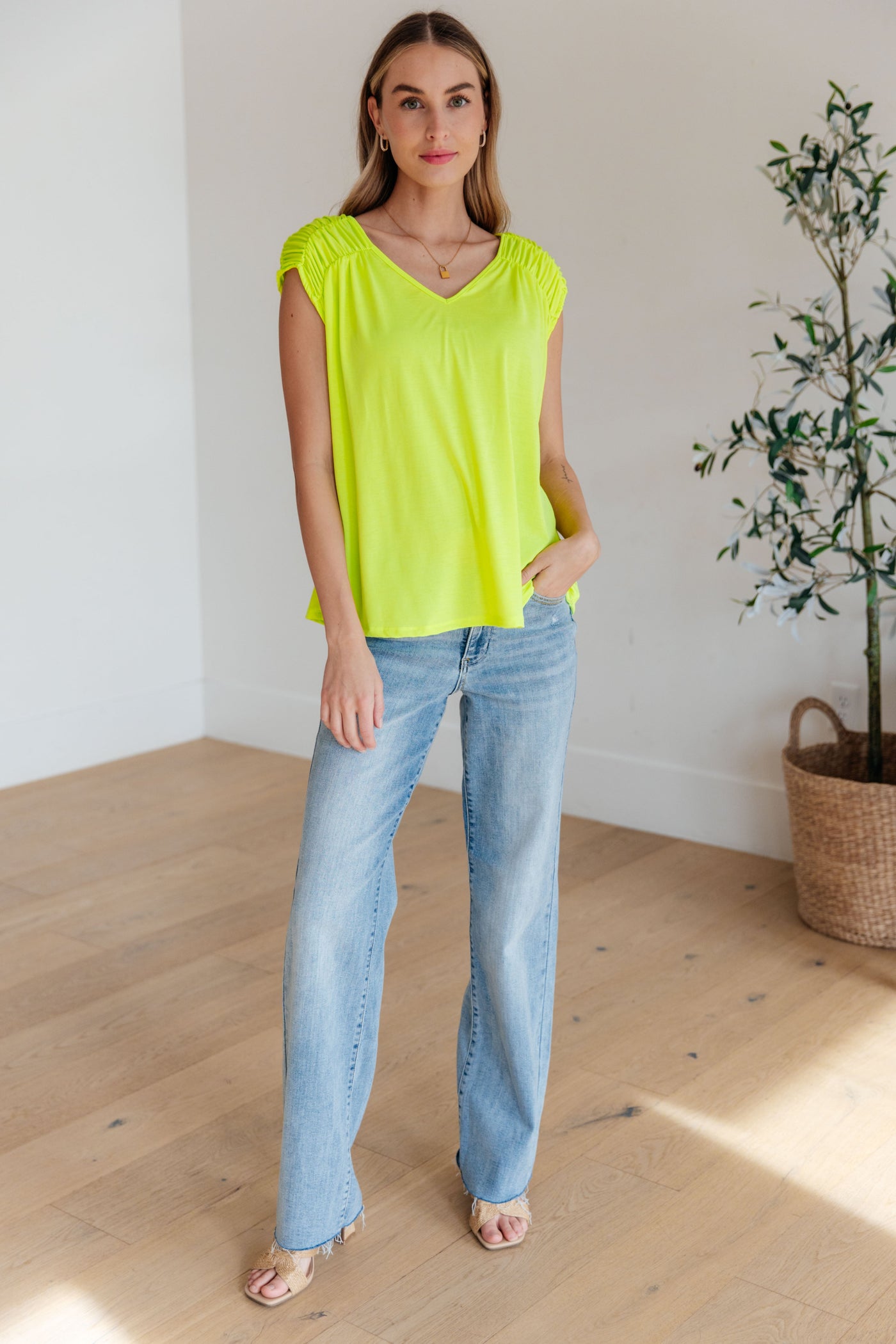 Ruched Cap Sleeve Top in Neon Green-Womens-Ave Shops-Market Street Nest, Fashionable Clothing, Shoes and Home Décor Located in Mabank, TX