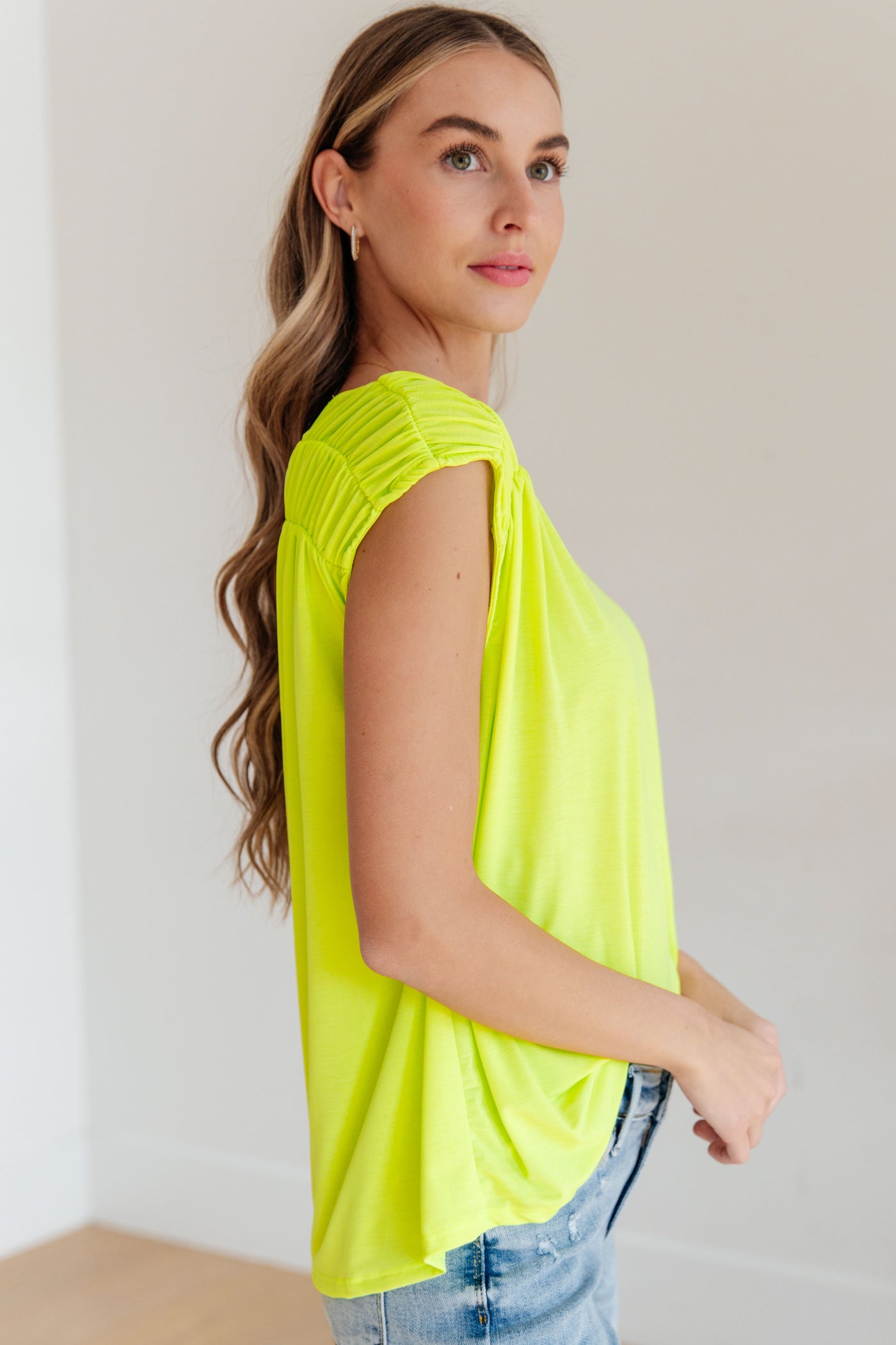 Ruched Cap Sleeve Top in Neon Green-Womens-Ave Shops-Market Street Nest, Fashionable Clothing, Shoes and Home Décor Located in Mabank, TX